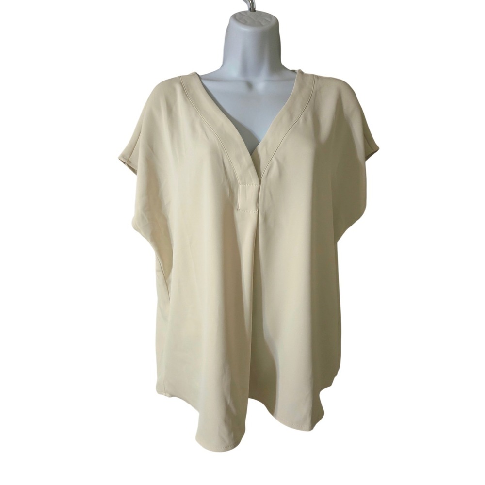 Melloday Cream V-Neck Wide-Short-Sleeve Pullover Blouse Top Office L NWT
